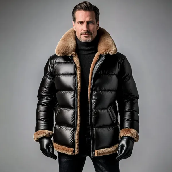 Men's Plush Patchwork Lapel Zipper PU Leather Quilted Coat