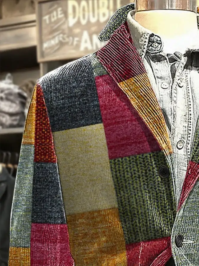 Men's Casual Retro Color Block Corduroy Jacket