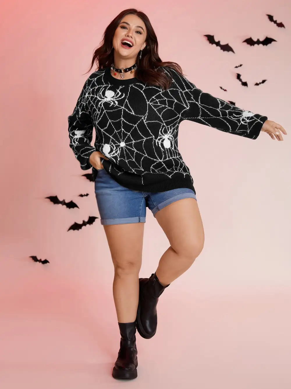 Spiderweb Jacquard Print Ribbed Pullover