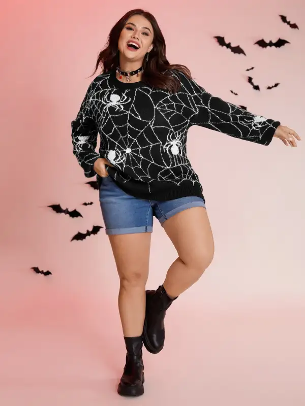 Spiderweb Jacquard Print Ribbed Pullover