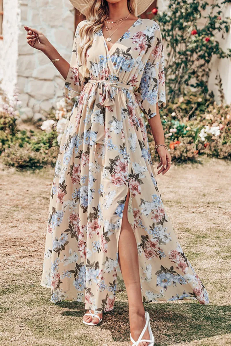 Casual Print Patchwork V Neck Waist Skirt Dresses(7 Colors)