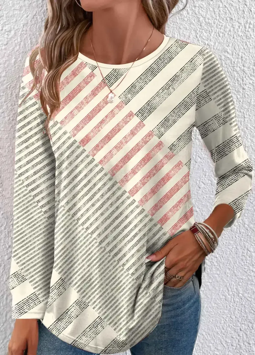 Beige Patchwork Geometric Print Long Sleeve T Shirt