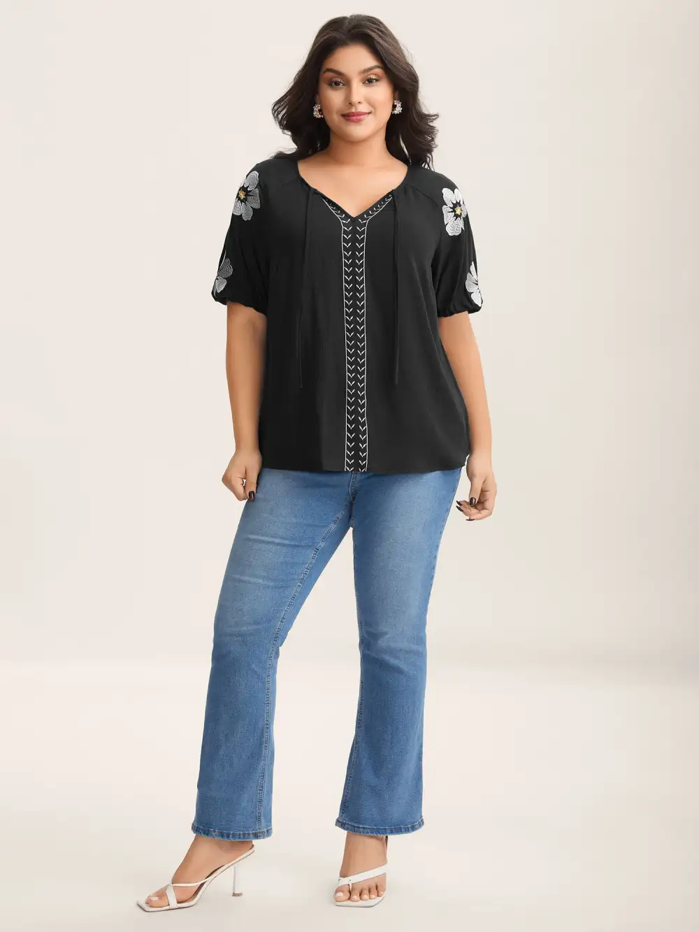 Floral Embroidery Textured Neck Tie Blouse