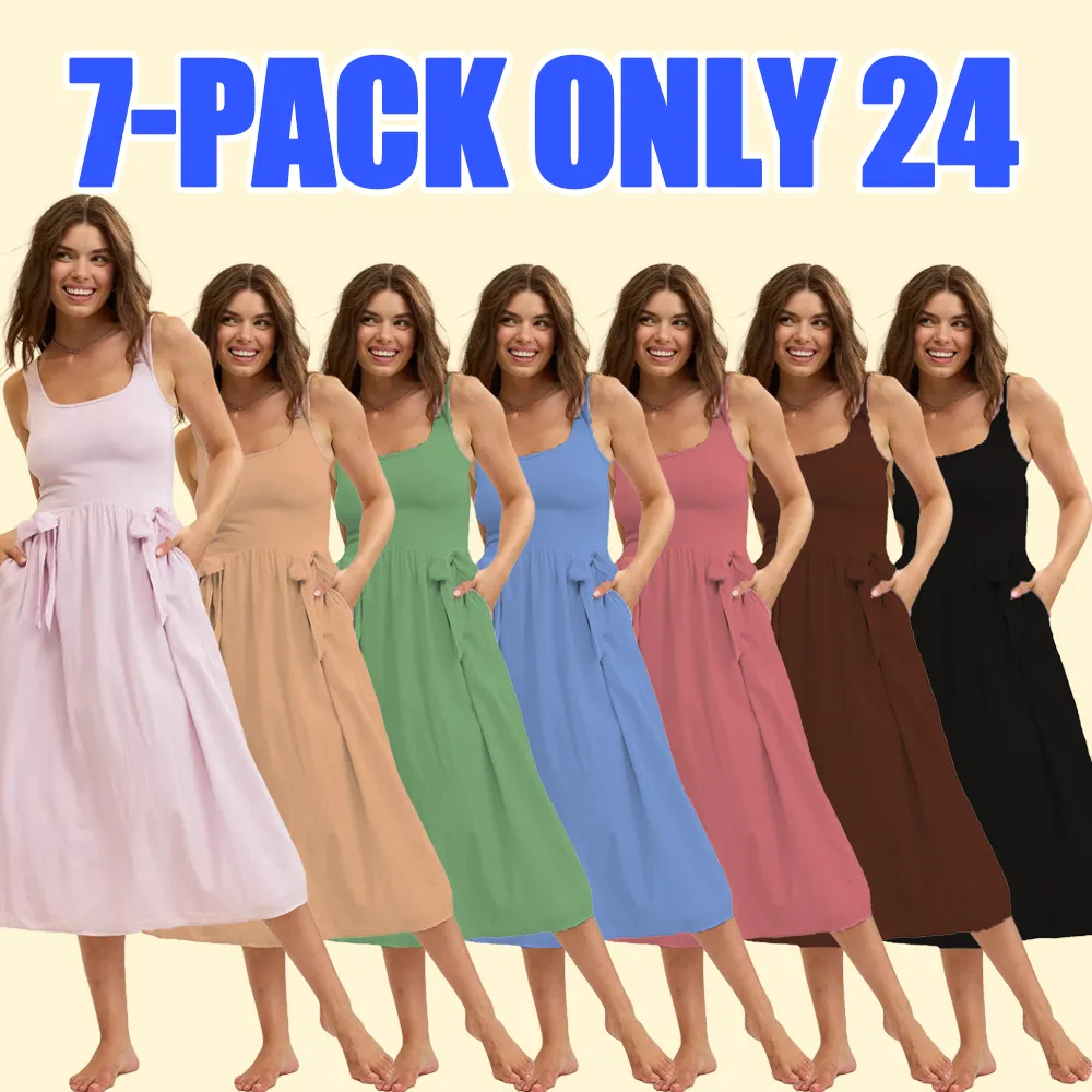 Women's Sleeveless Tank Midi Dress with Bow Detail and Pockets – Casual Summer Lounge Dress