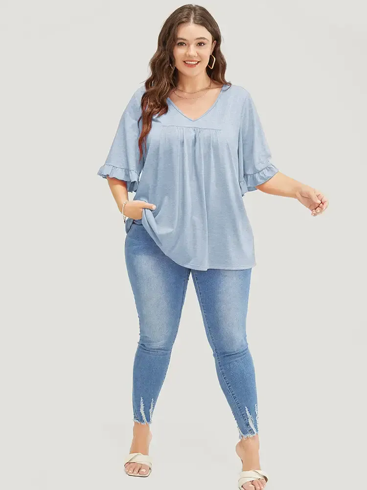 Solid Gathered Ruffle Trim Flounce Sleeve T-shirt