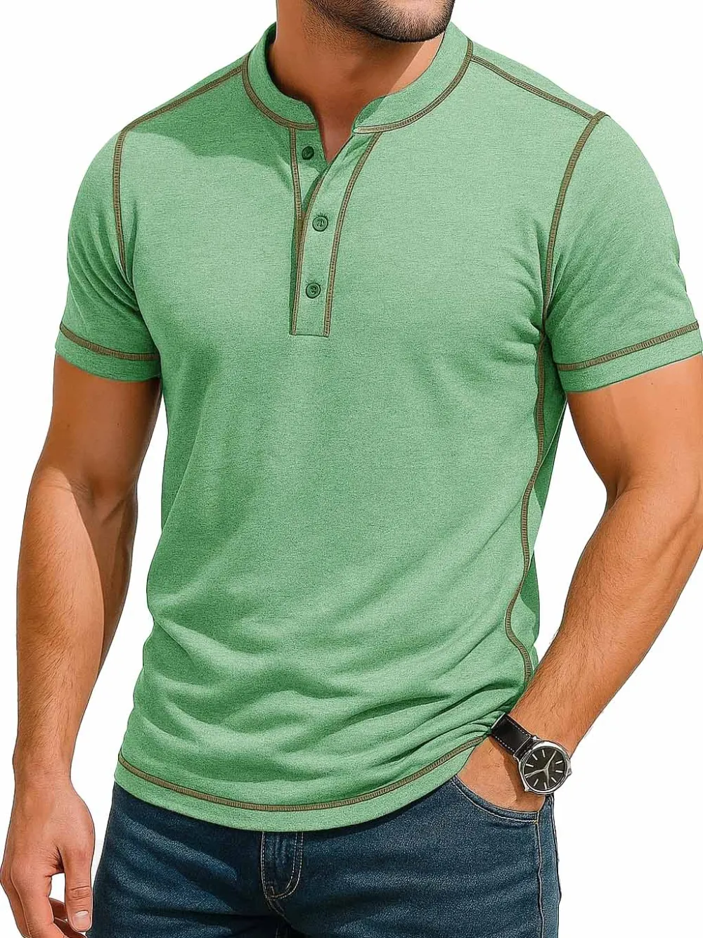 Men's Fashion Retro Contrast Color Line Short Sleeve Henley Shirt 