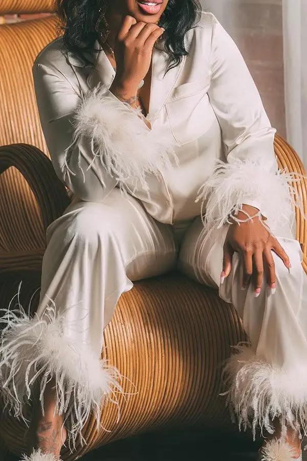Feather Patchwork Casual Pant Set