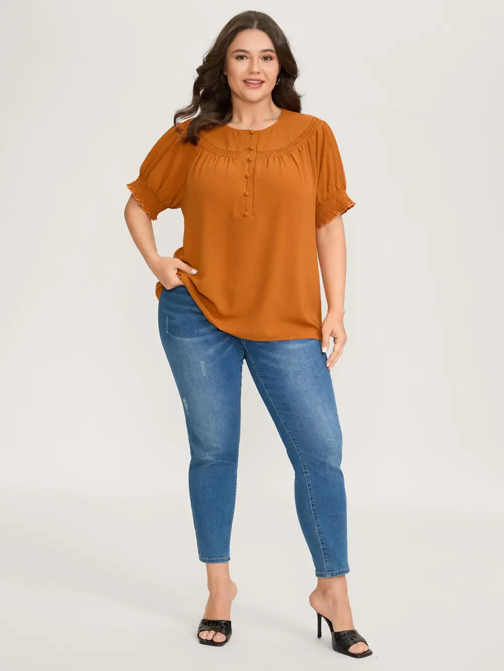 Shirred Cuff Sleeve Button Detail Blouse