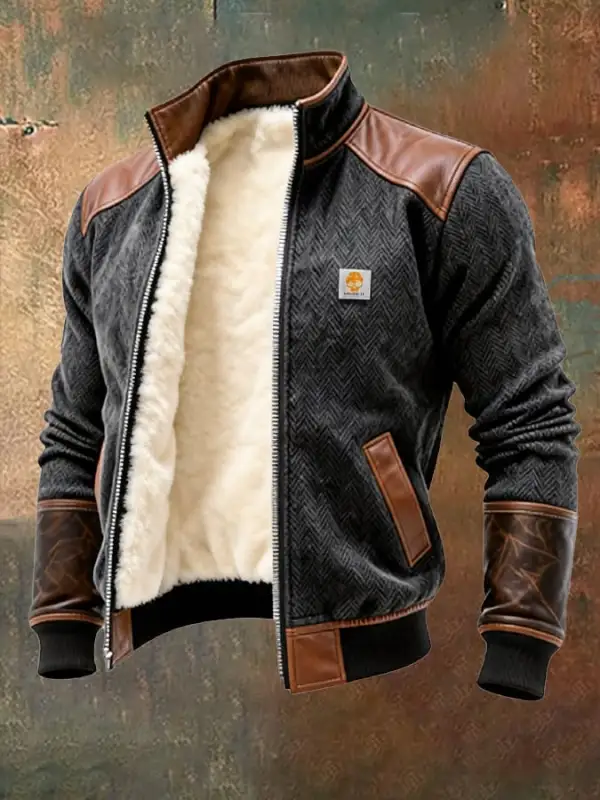 Men's Vintage Herringbone Pattern Leather Multi-Pocket Outdoor Jacket