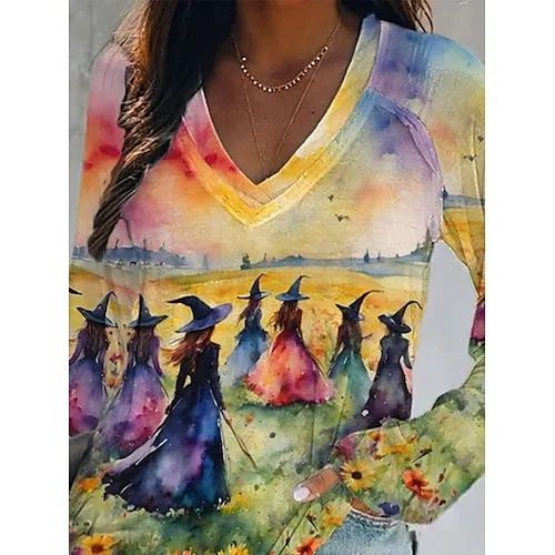 Women's Halloween Sweatshirt Pullover Witch Halloween Print Yellow Casual Crew Neck Long Sleeve Top Micro-elastic Spring Fall & Winter