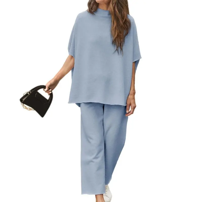 Women’s 2-Piece Lounge Set, Batwing Sleeve Pullover Top & Wide Leg Pants, Travel Outfit