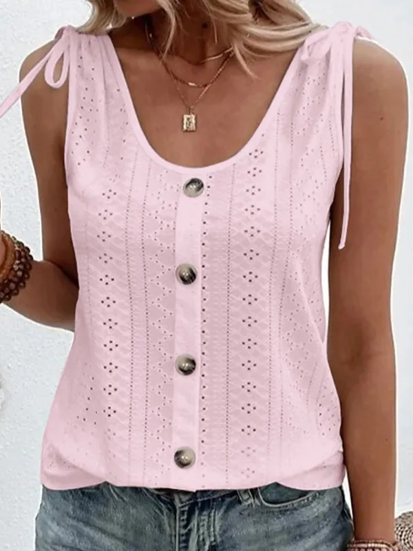 Women's Tank Top Eyelet top Plain Daily Weekend Button Sleeveless Light Blue Sleeveless Basic U Neck