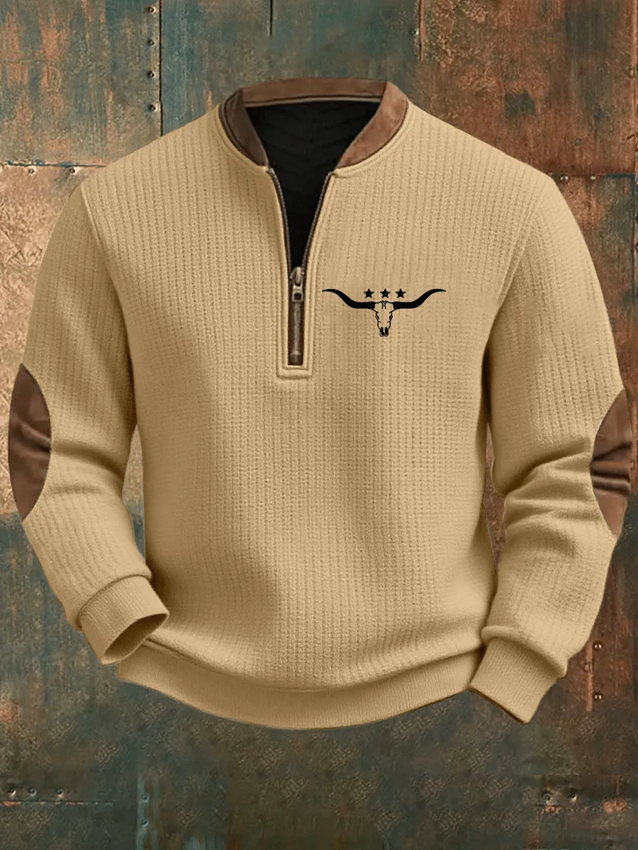 Men's Western Cow Print Zipper Neck Knit Sweatshirt