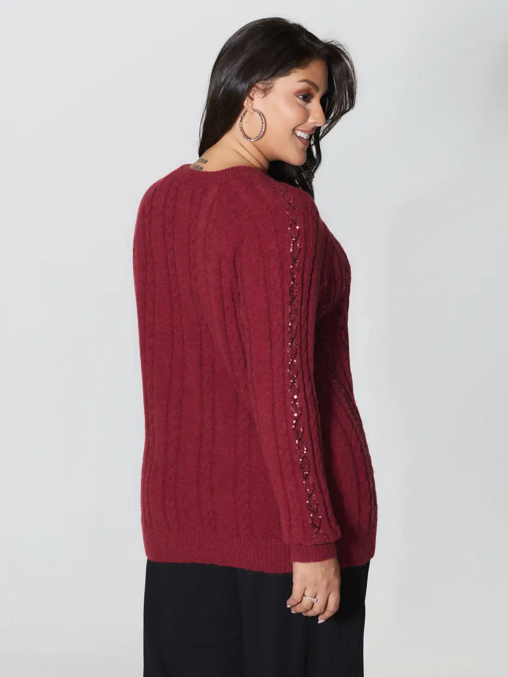 Cable Knit Textured Sequin Embroidered Pullover