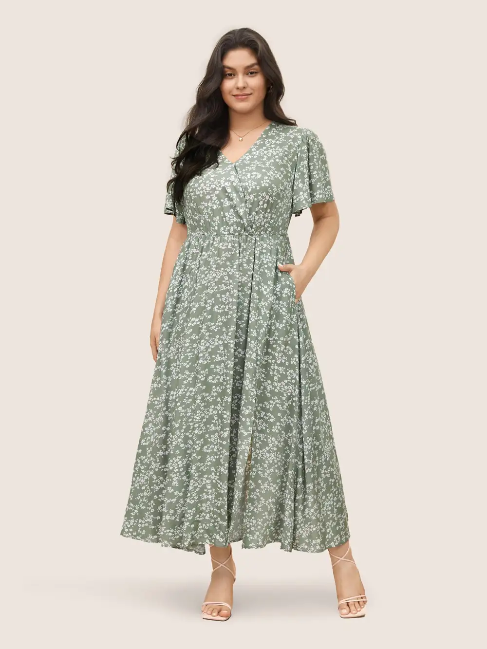 Bloom Dress - Flutter Sleeve Ditsy Floral Pocket Split Maxi Dress
