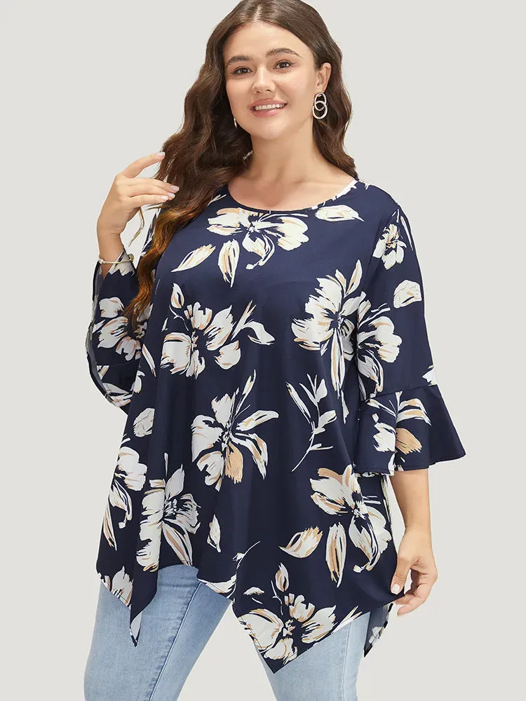 Floral Print Hanky Hem Bell Sleeve Blouse