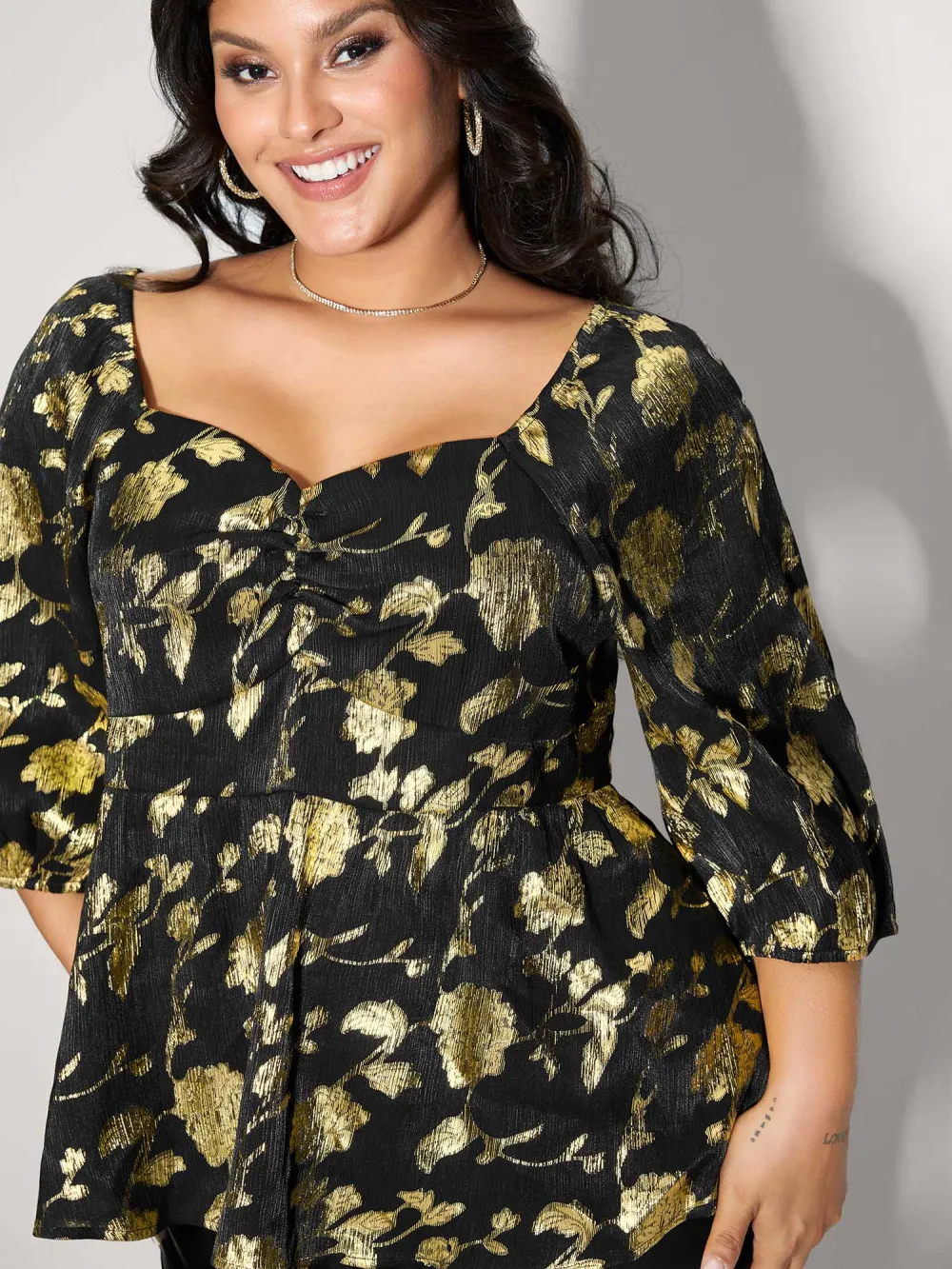 Floral Gold Stamp Smocked Blouse