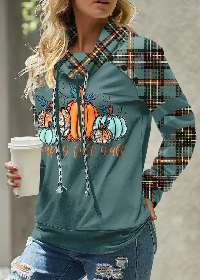 Turquoise Patchwork Plaid Long Sleeve Cowl Neck Sweatshirt