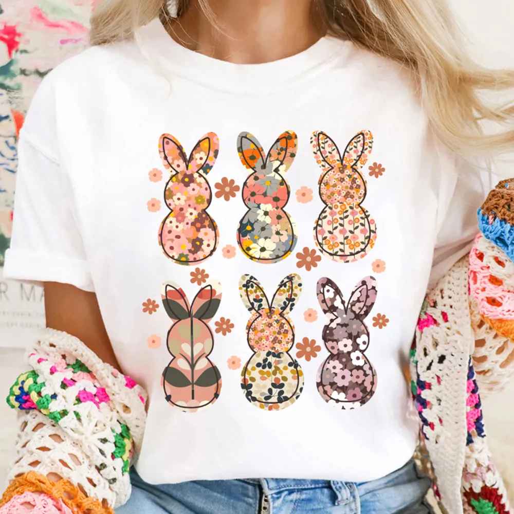 Easter Floral Bunny Printed Round Neck Short Sleeve T-Shirt