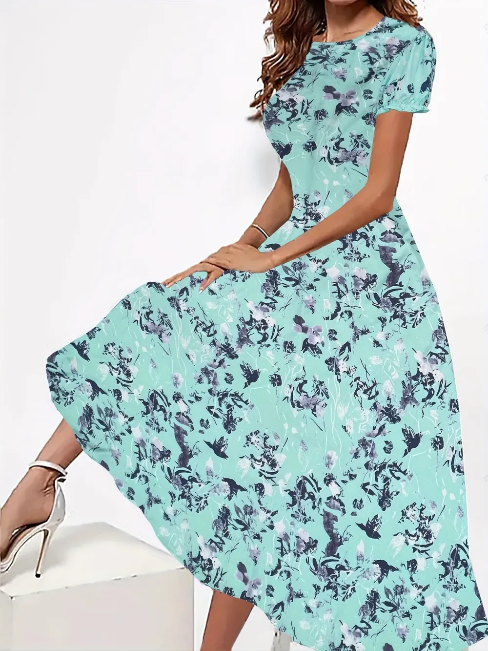 Short Sleeve Floral Print Elegant Crew Neck Dress for Spring & Summer
