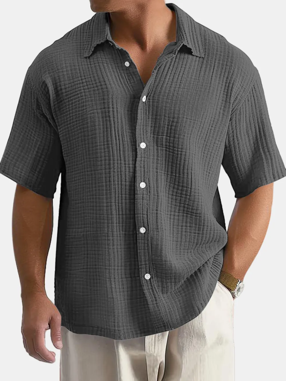 Men's Casual Summer 100% Cotton Solid Color Short Sleeve Shirt