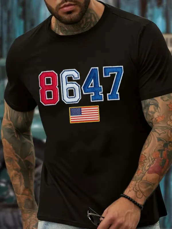 Men'S T-Shirt Men'S Vintage 8647 Flag Print T-Shirt Round Neck Cotton Short Sleeves