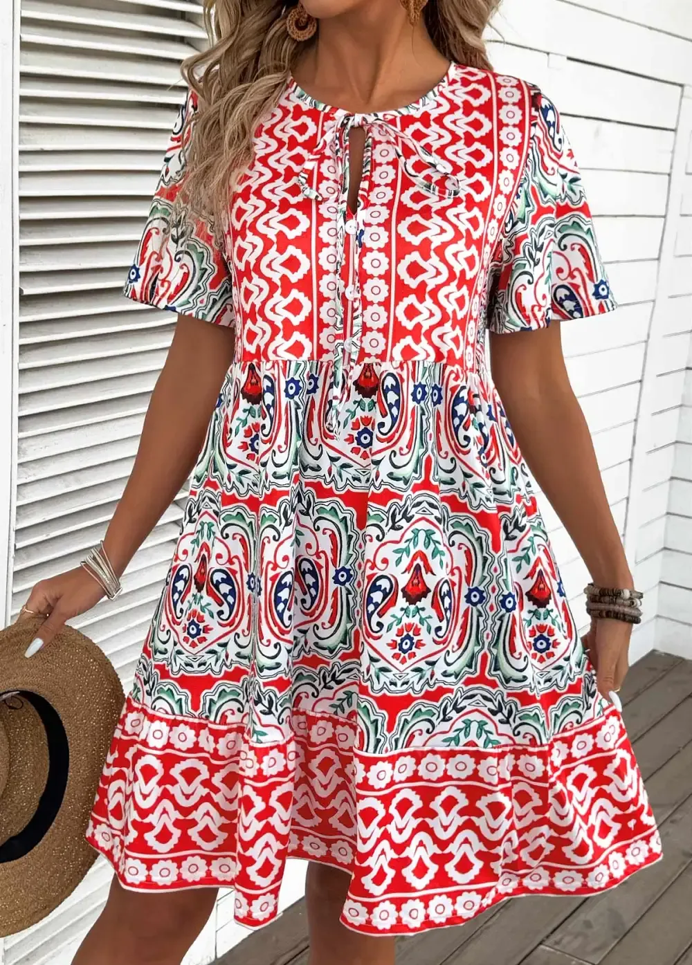 Multi Color Tribal Print A Line Short Sleeve Dress