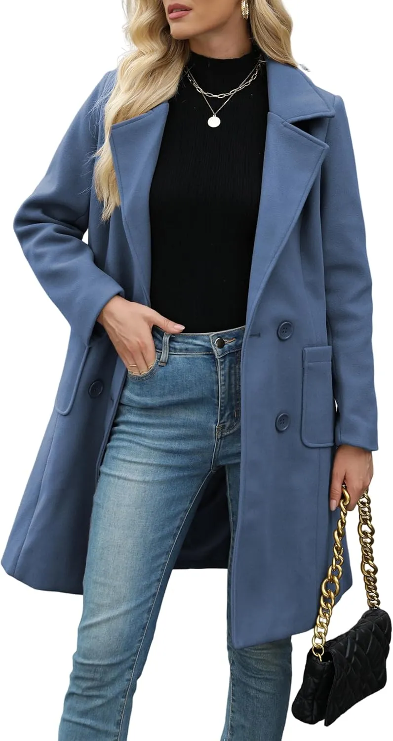 Women Winter Wool Blend Camel Mid-Long Coat Notch Double-Breasted Lapel Jacket Outwear