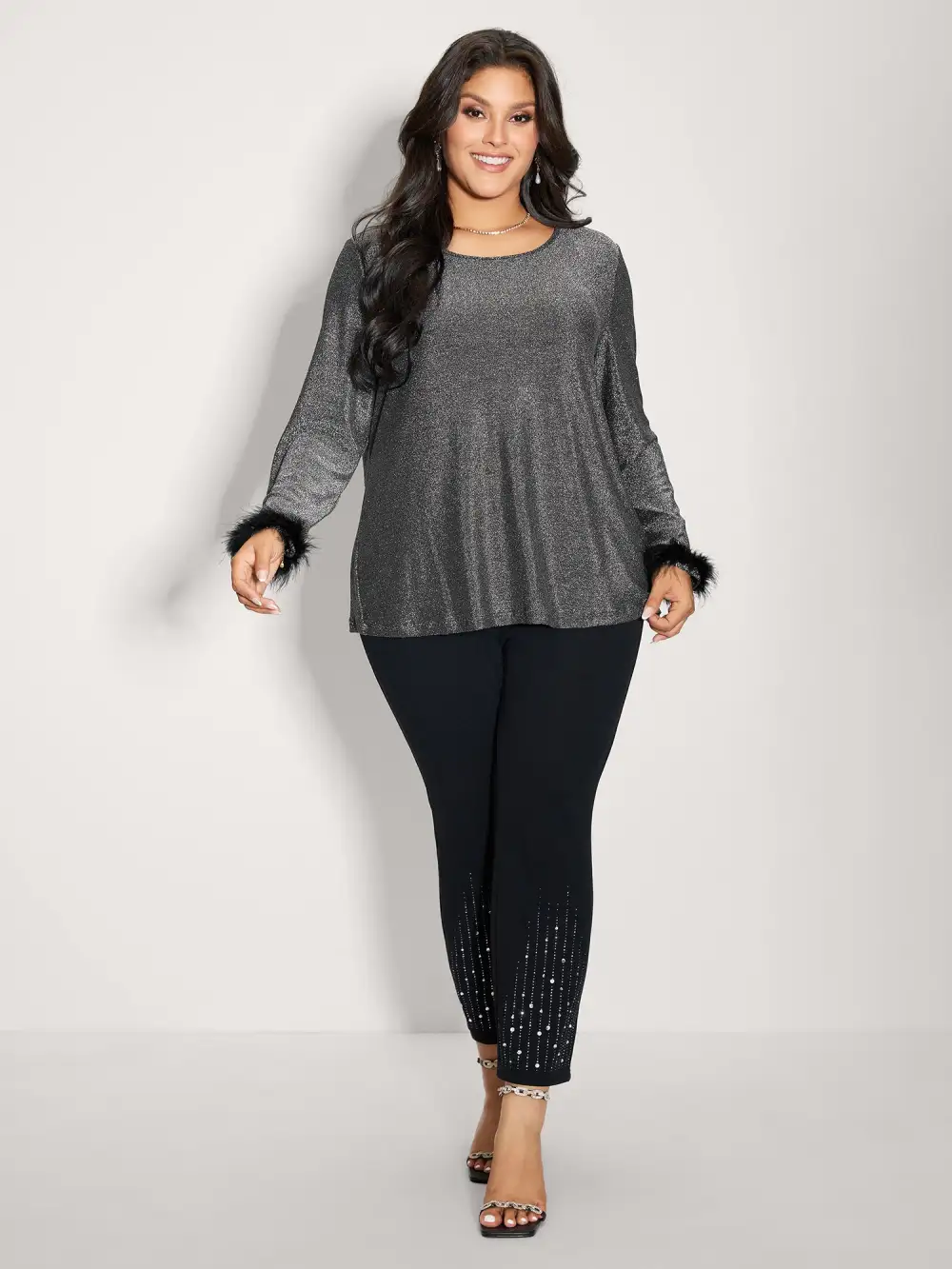 Shiny Silk Fur Cuffs Blouse