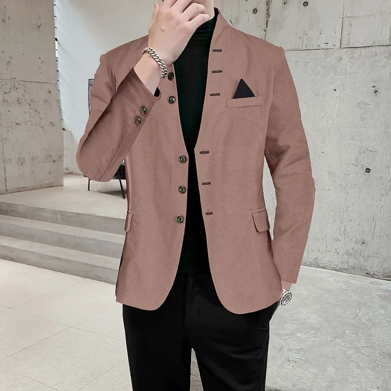 Men's Party Stand Collar Button Design Chest Pocket Blazer