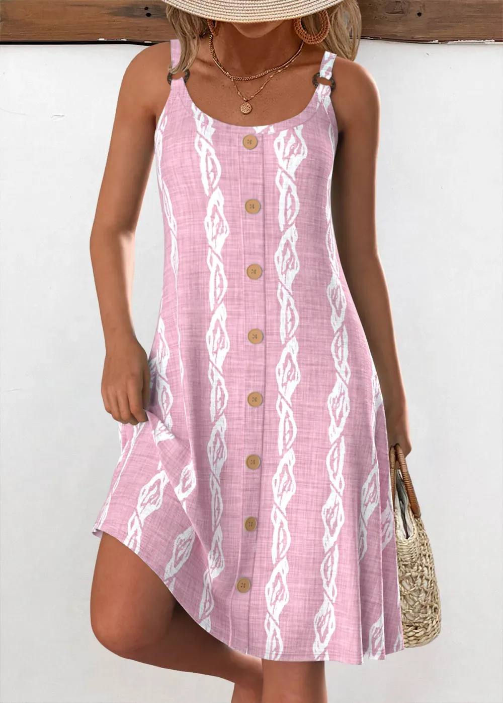 Mint Green Circular Ring Tropical Plants Print Strappy Dress