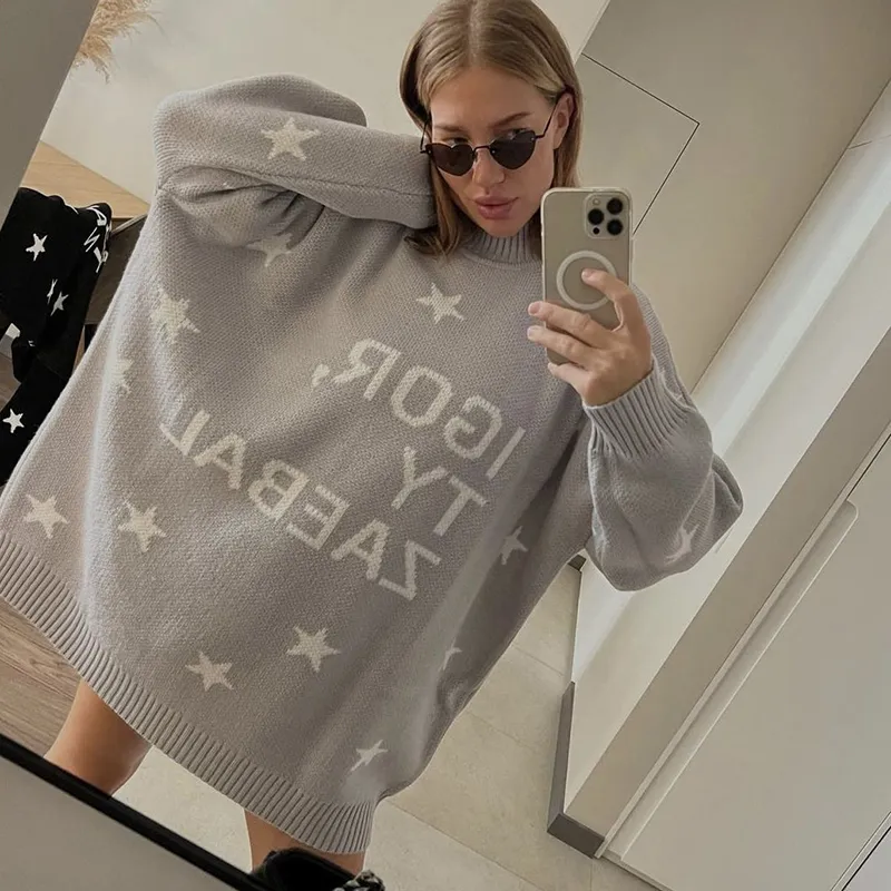 Letter Print Oversize Long Sleeved Sweater
