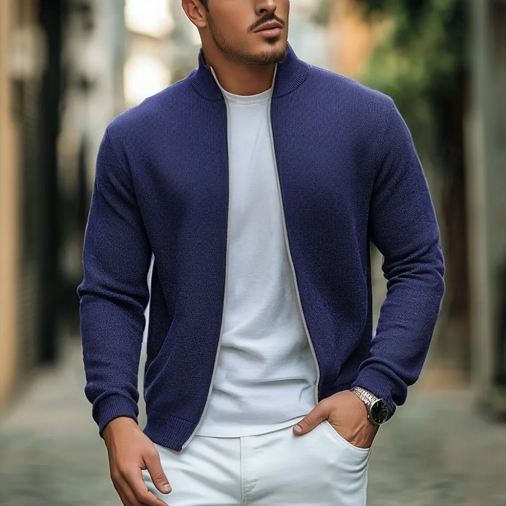 Men's Daily Stand Collar Slant Pocket Rib Knit Zipper Sweater Jacket