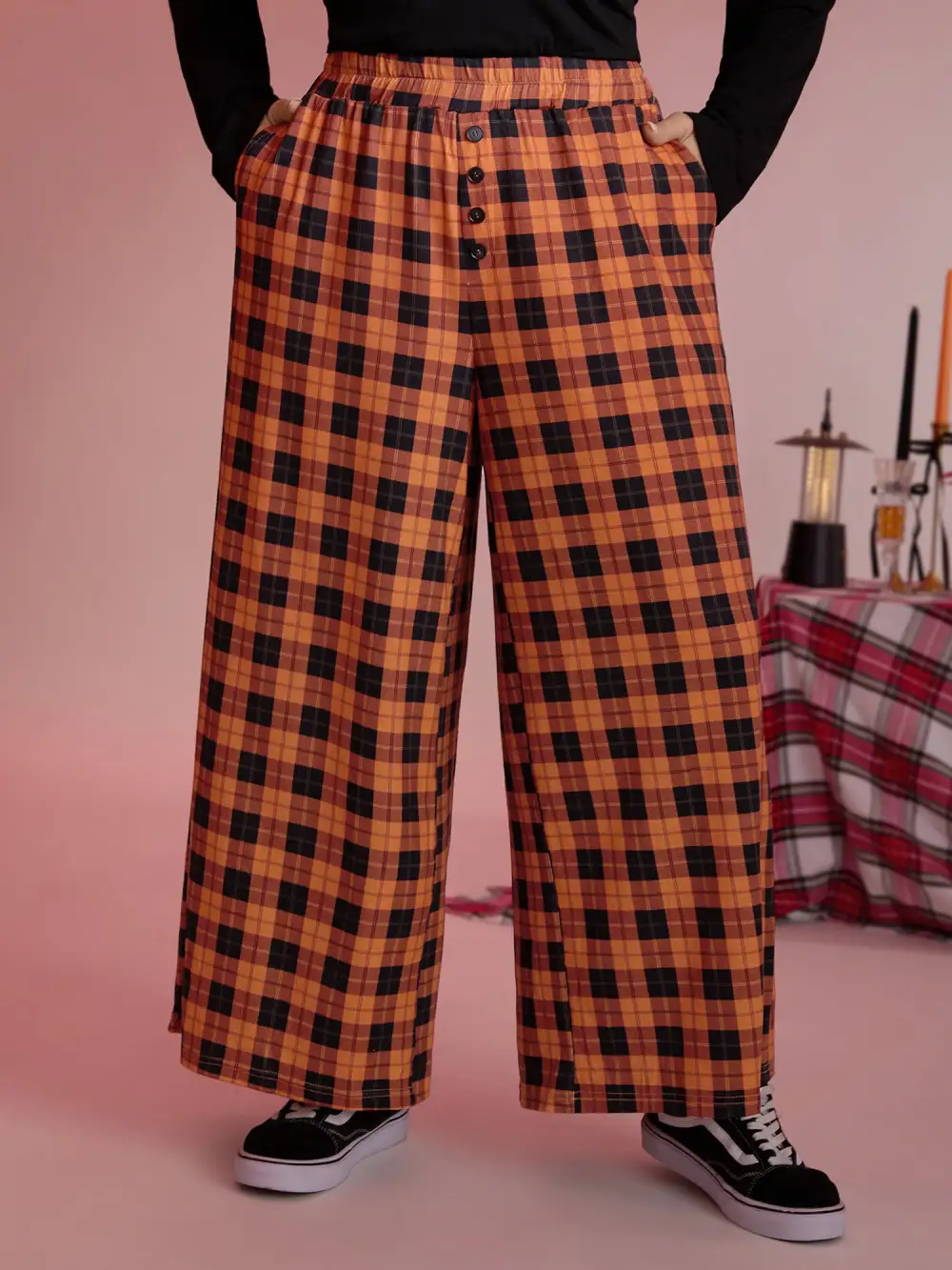 Checkered Print Wide-Leg Lounge Bottoms