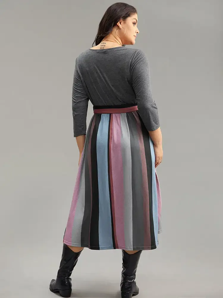 Striped Contrast Patchwork Belted Dress