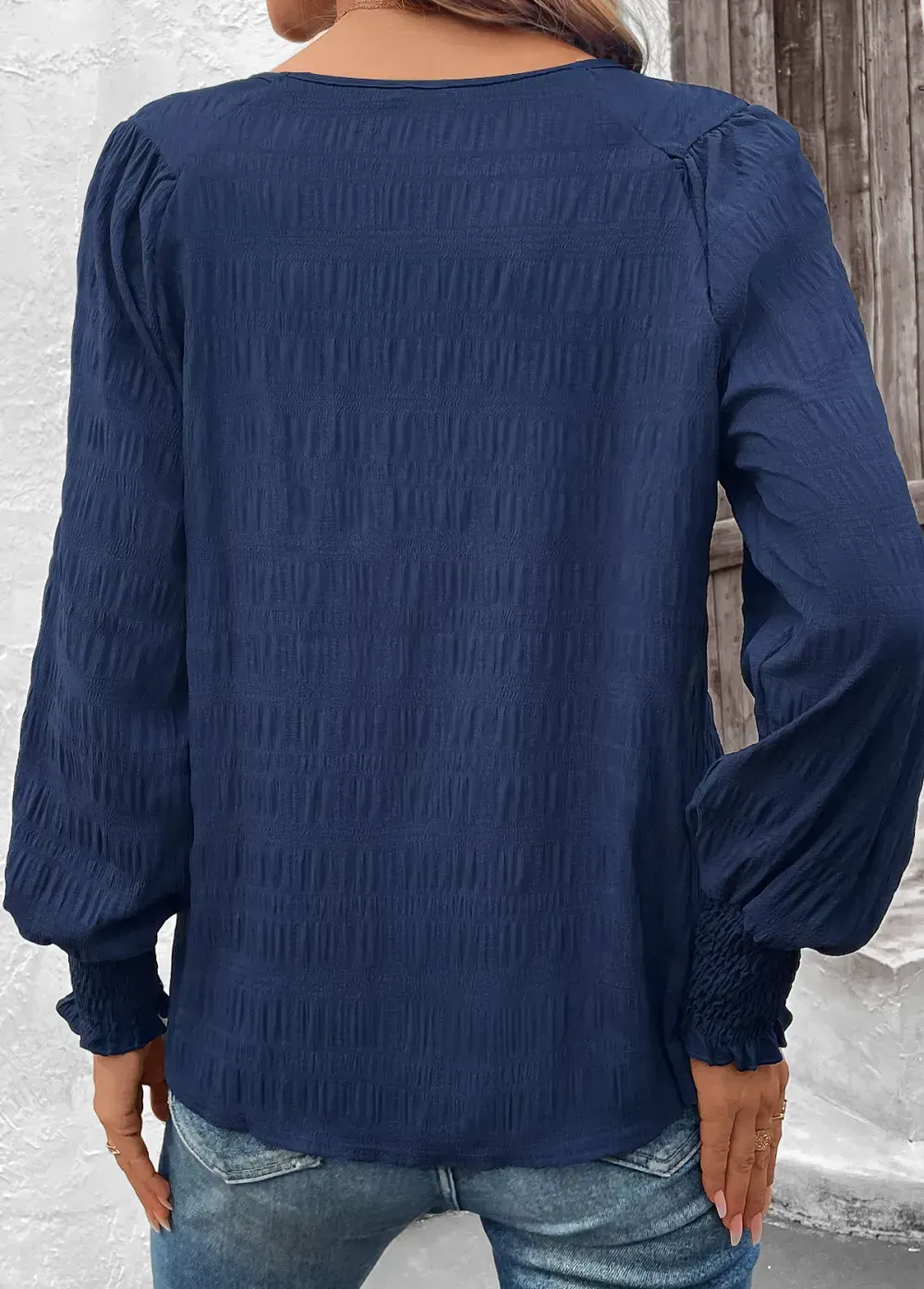 Navy Smocked Long Sleeve Round Neck Blouse