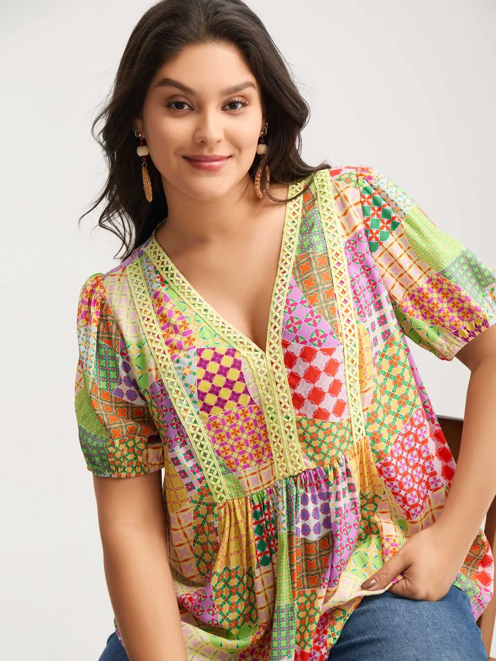 Vibrant Collage Print Babydoll Top