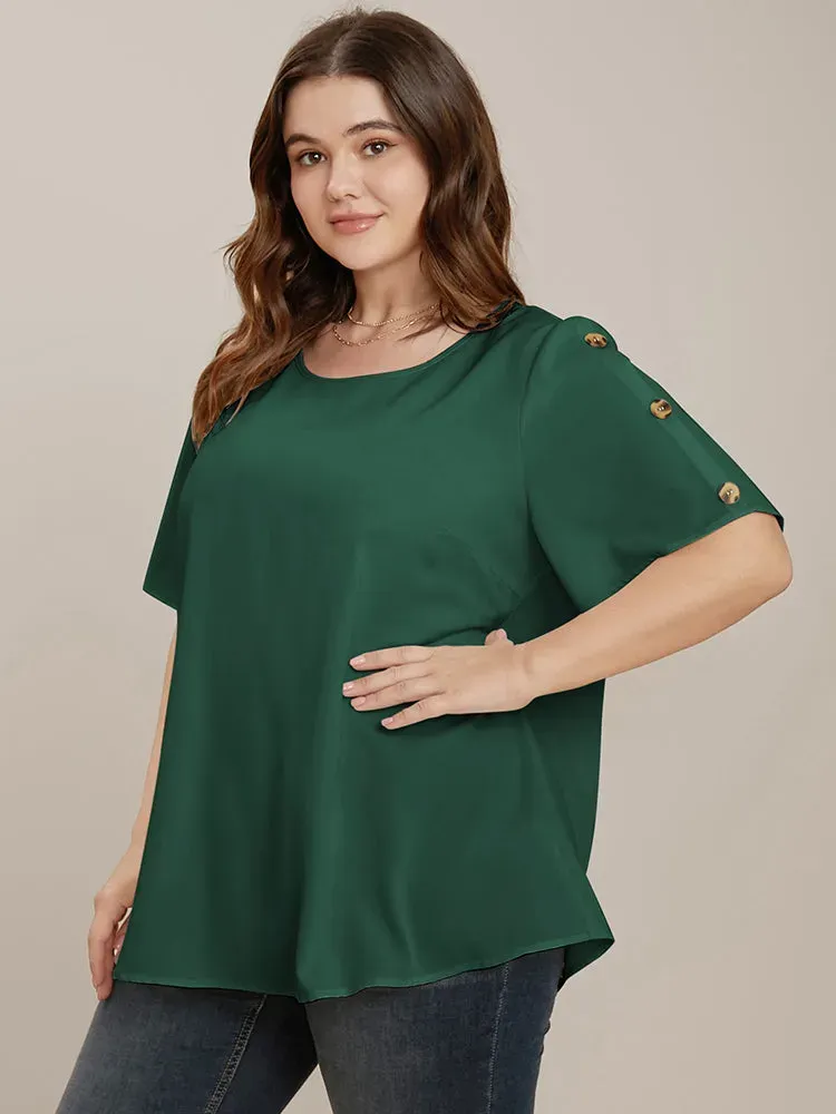 Plain Round Neck Button Detail Blouse