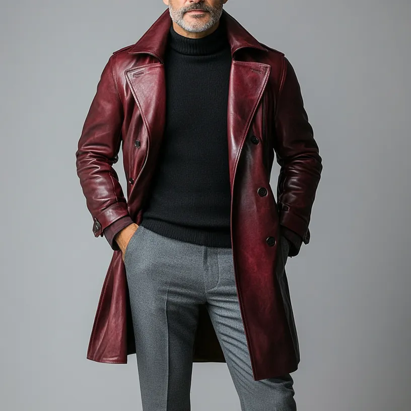 Men's Retro Lapel Double-breasted Long Sleeve PU Leather Overcoat