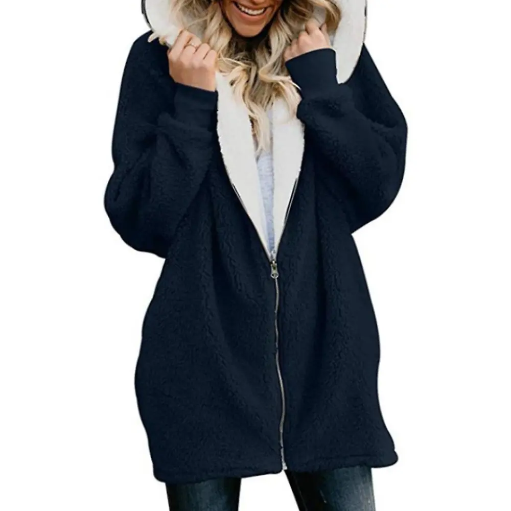 Women Long Sleeve Hoodie For Jacket Fuzzy Plush Full Zip Loose Pockets Outwear Coat