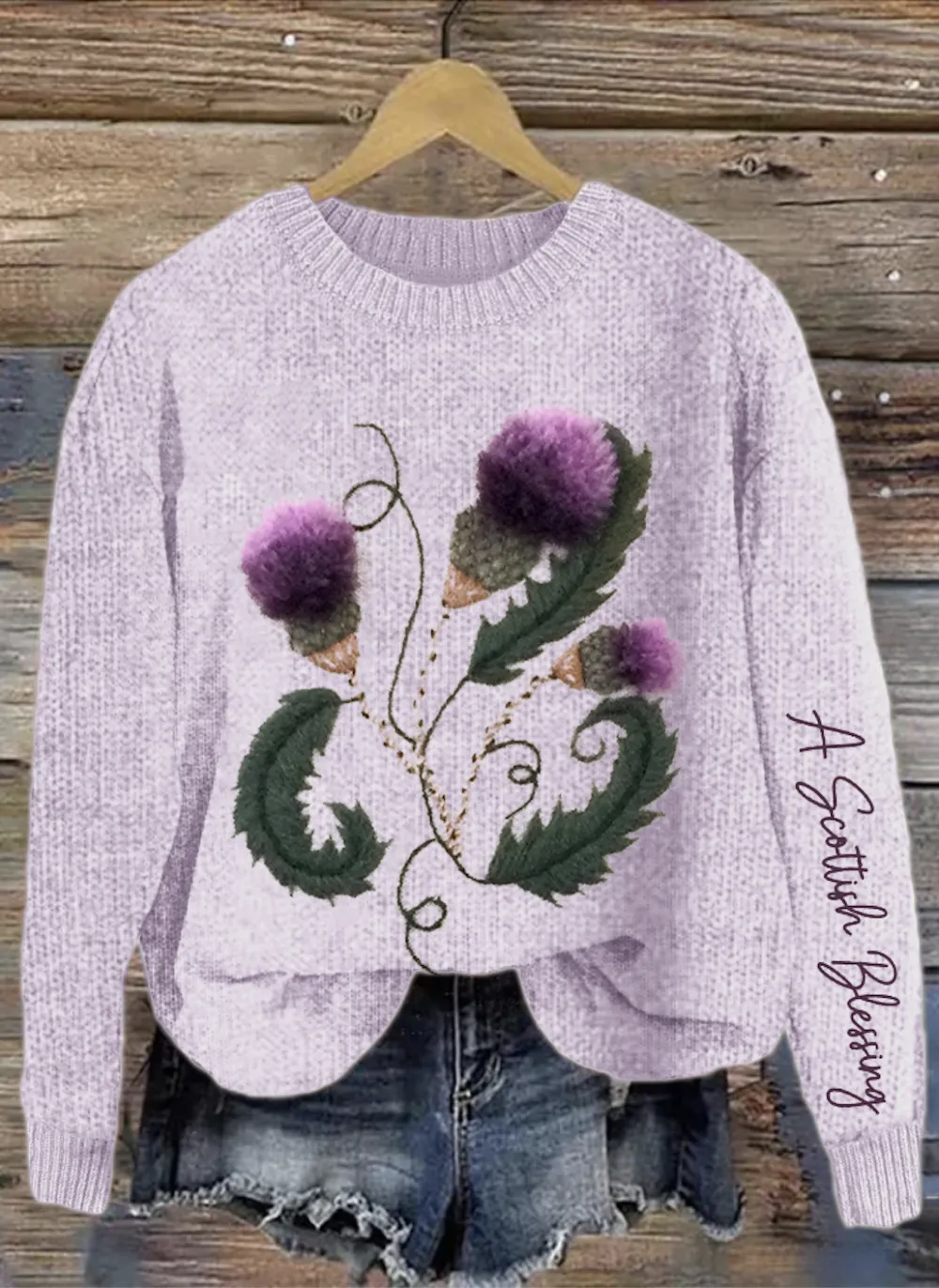Scottish purple floral round neck sweater