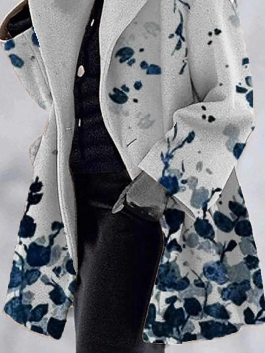 Leaf Print Double Pocket Casual Woolen Coat