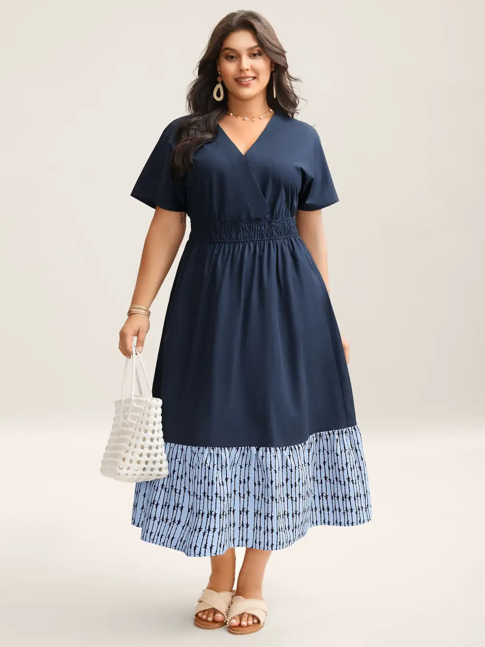 Cotton Color Block Cinched-Waist Spliced Maxi Dress