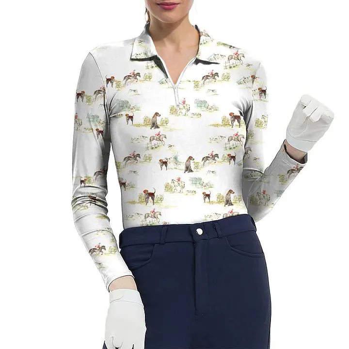 Women's Riding Style horse and hound Print Long Sleeve Casual Lapel Shirt