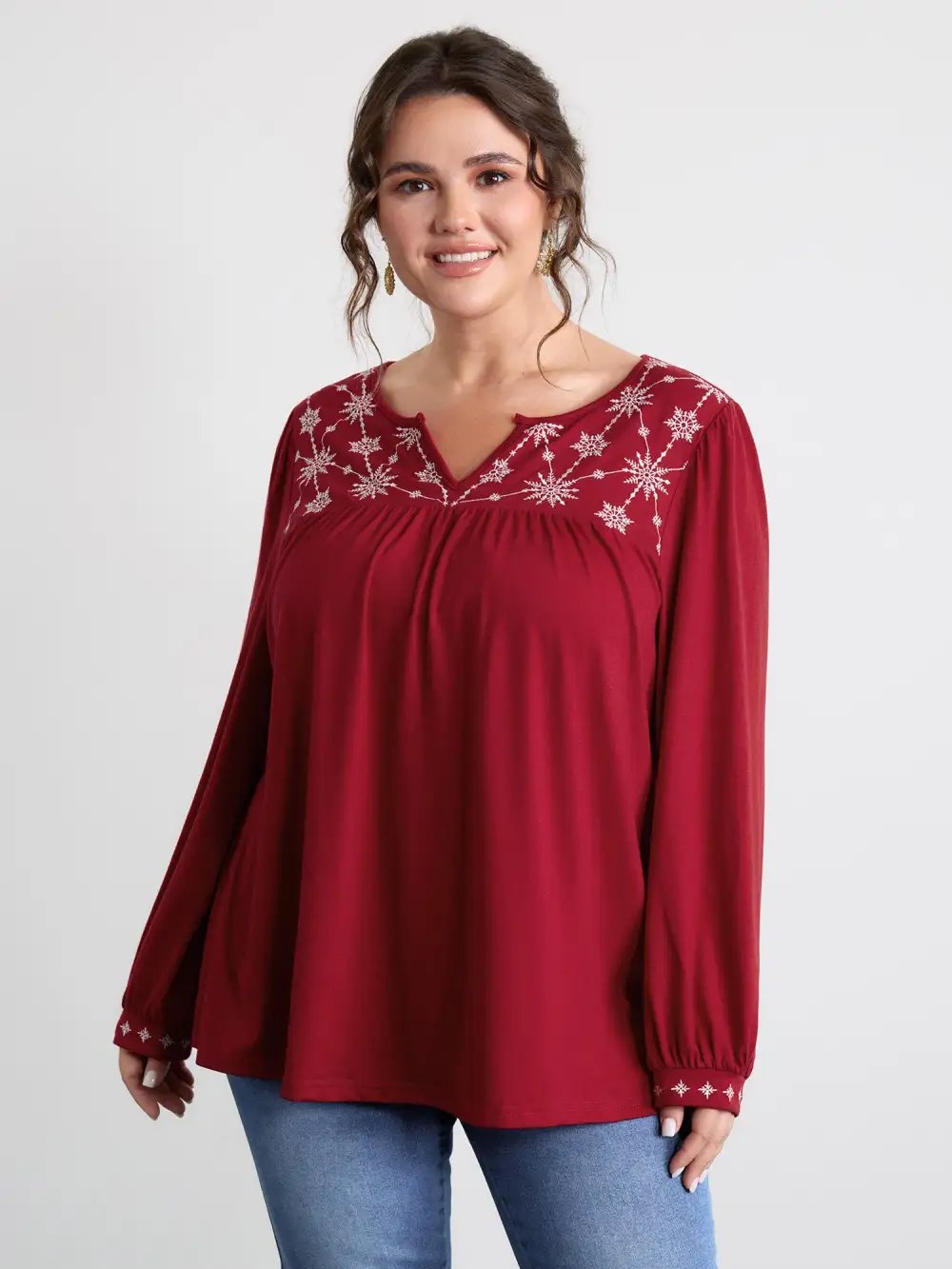Holiday Embroidered Neckline Pleated Knit Top