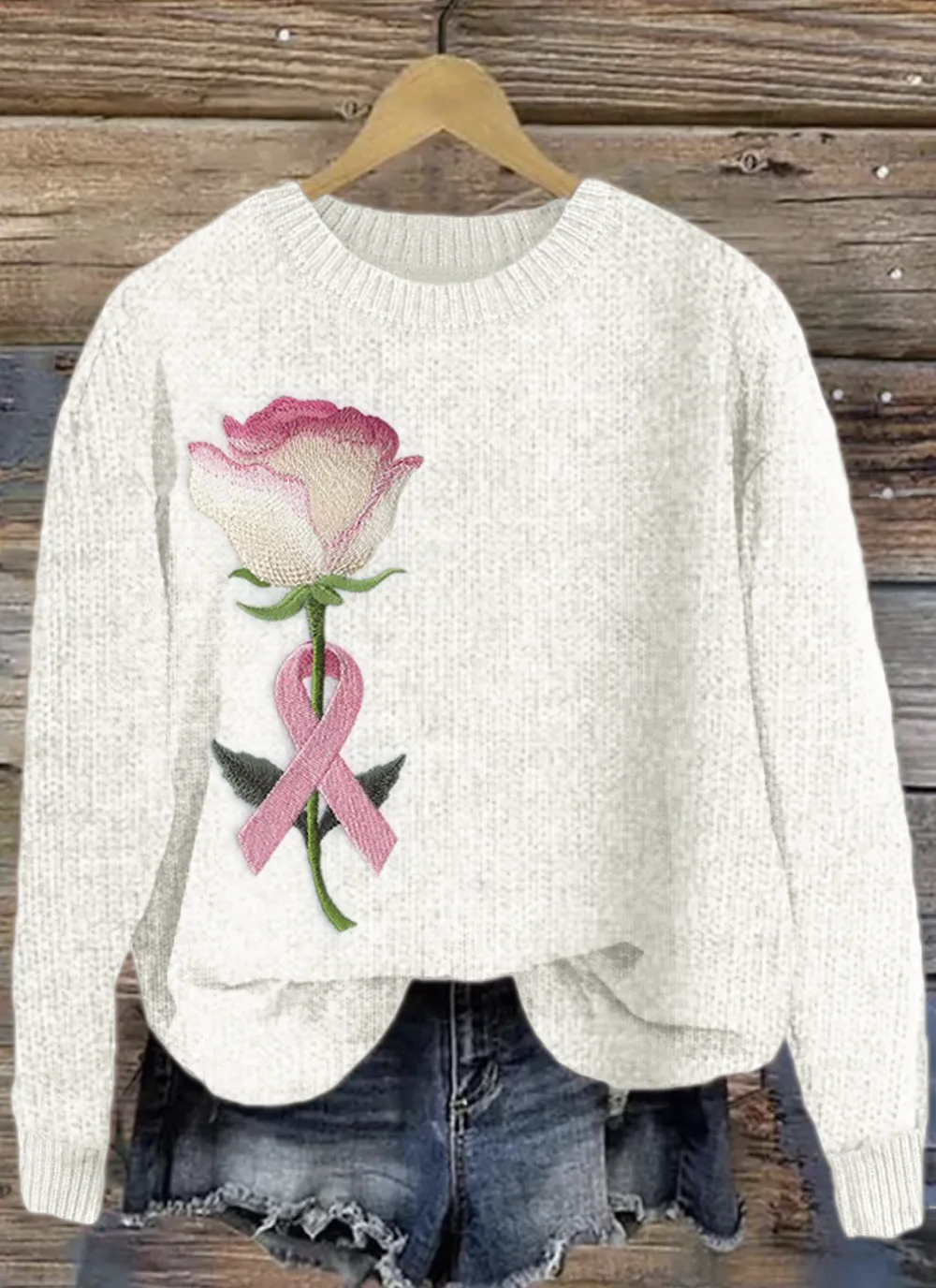 Three dimensional floral art round neck knitted sweater