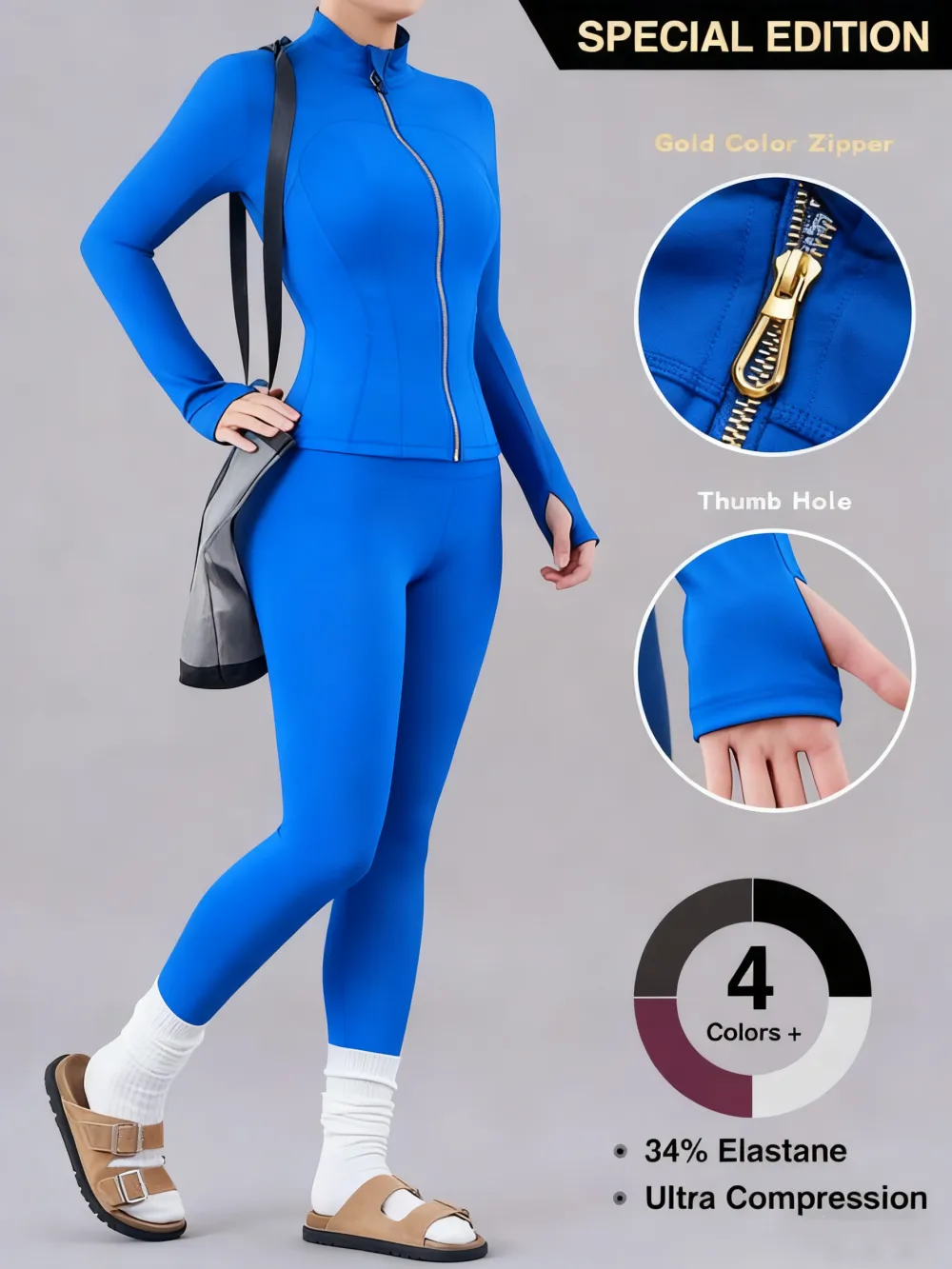 Women's Solid Zip Up Jacket & High Waist Leggings Tracksuit Set