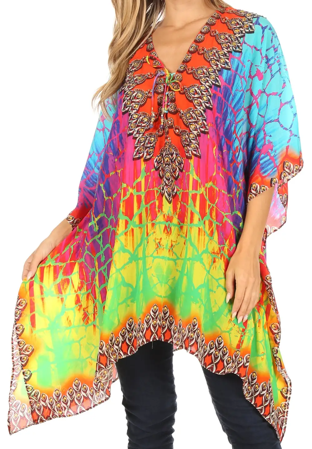 Women's Caftan Poncho Cover up V neck Top Lace up With Rhinestone