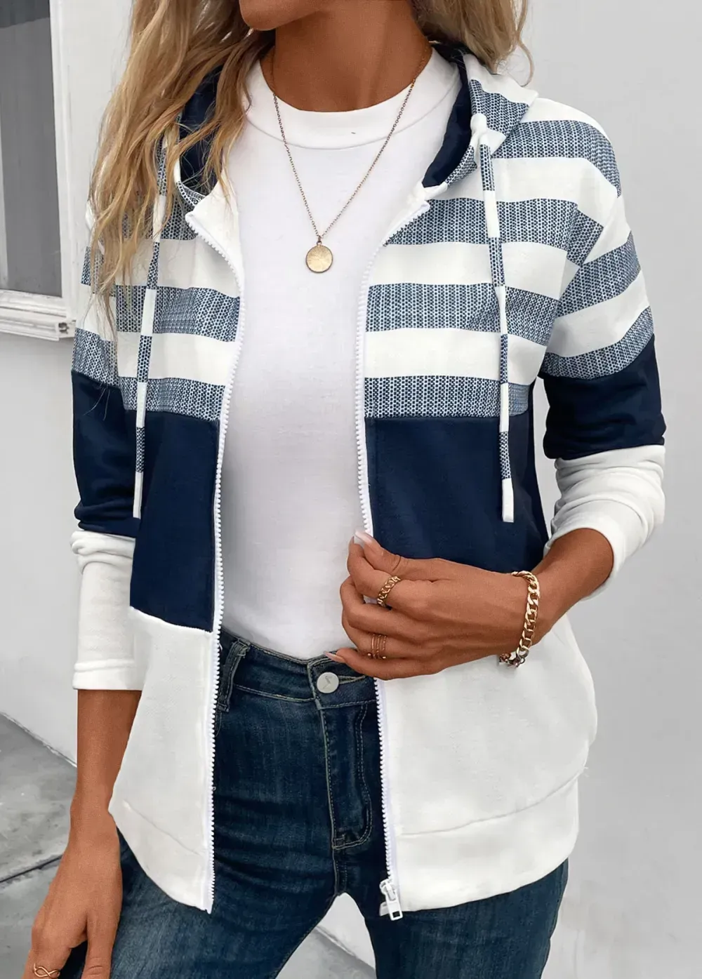 Navy Pocket Striped Long Sleeve Hooded Coat