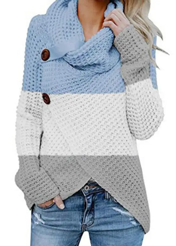 High Collar Color Block Long Sleeve Button Sweaters